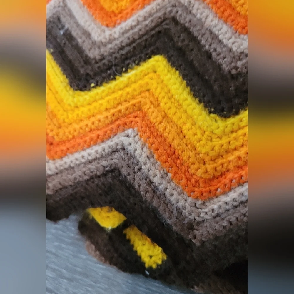 Vintage Afghan Crochet Throw Roseanne Handmade Orange Yellow Brown 40 x 71